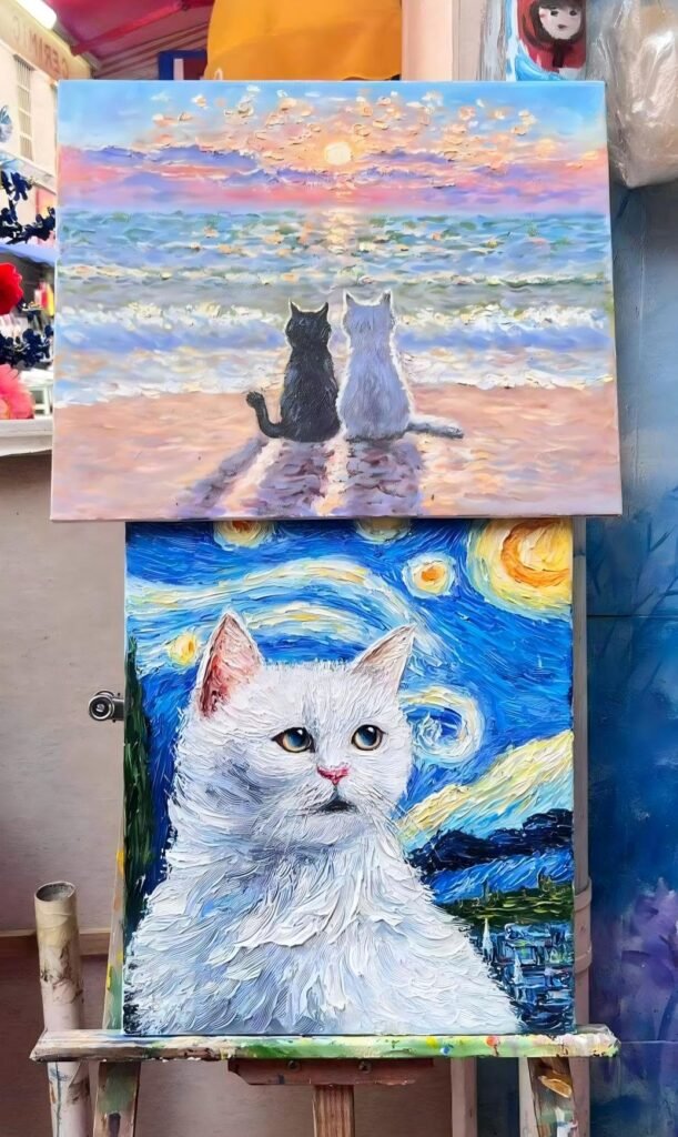 Whimsical oil painting of two cats sitting on a beach watching the sunset. Trendy animal art suitable for global distribution.