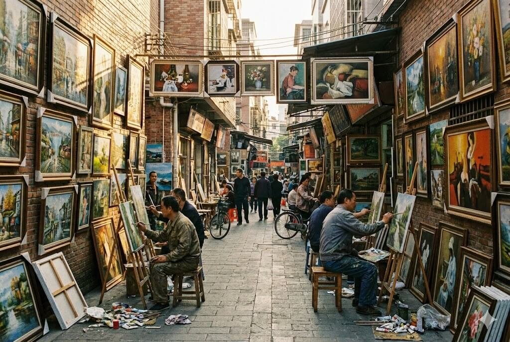 Rows of framed oil paintings and professional painters at work in Dafen Village art street.