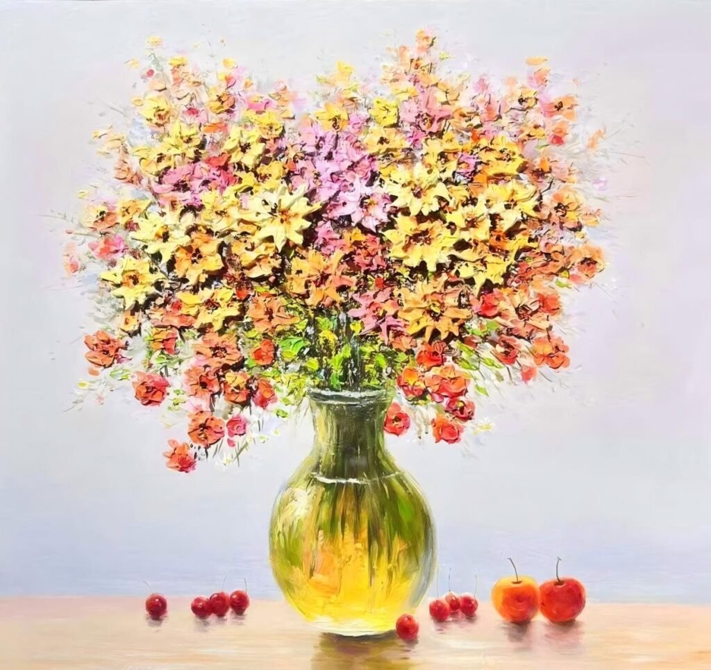 Hand-painted impressionist oil painting of mixed flowers in a glass vase. High-demand style for wholesale art galleries from Dafen Village.