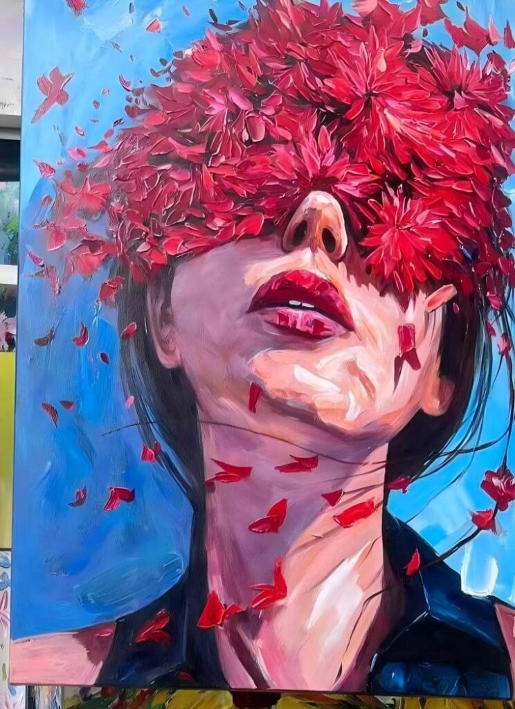 Modern contemporary oil portrait of a woman with red flowers covering her eyes. Unique stylish art for modern art galleries.