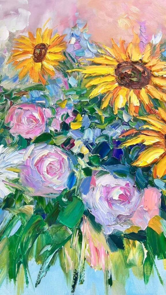 Macro detail shot of a heavy impasto oil painting showing thick, textured abstract floral brushstrokes. Contemporary art style for bulk orders.