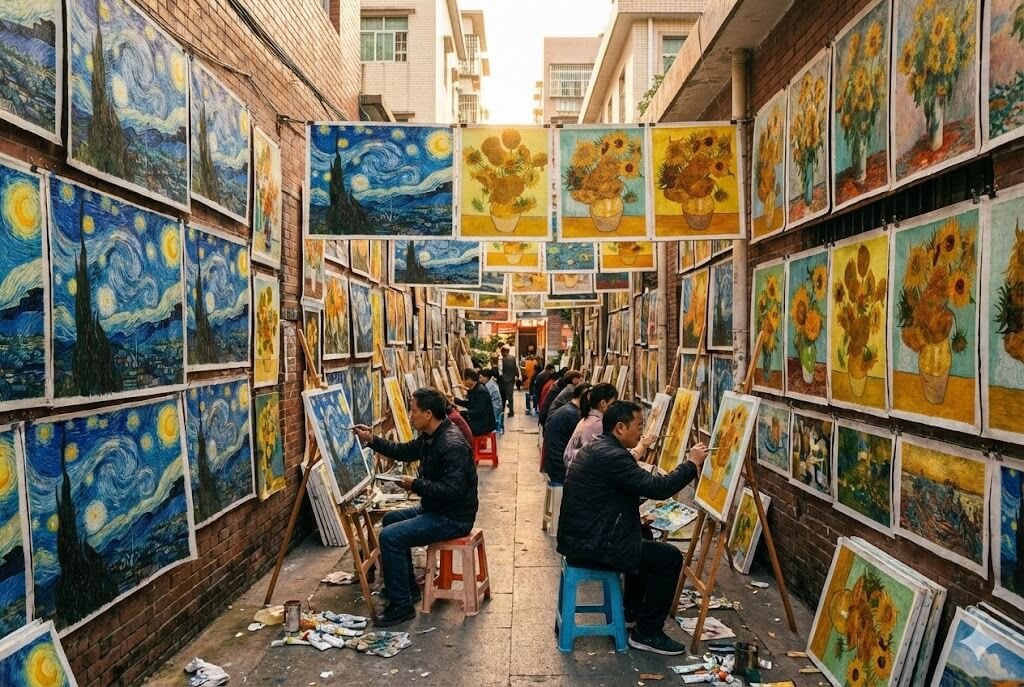 High-quality replicas of Van Gogh Starry Night and Monet Sunflowers being painted by hand in Dafen.