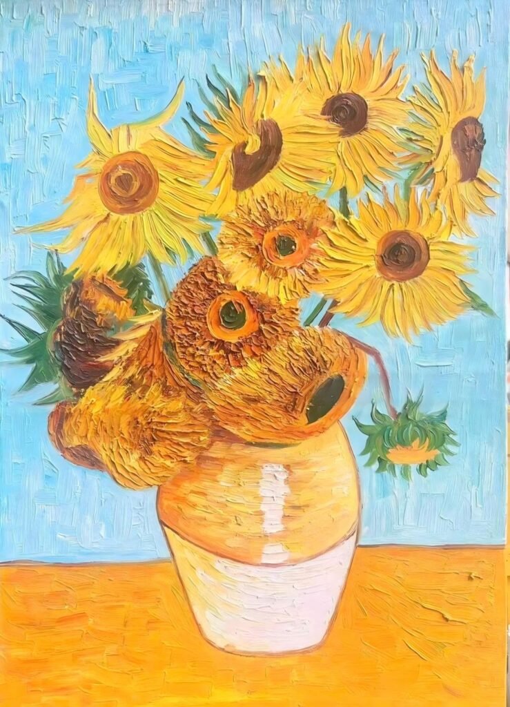 Hand-painted oil reproduction of Van Gogh's Sunflowers with thick impasto texture. Classic masterpiece replica for B2B wholesale.