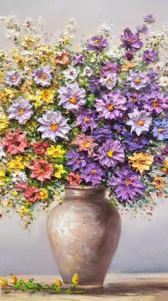 Realistic oil painting of wildflowers in a rustic ceramic vase by a sunlit window. Popular decor art for interior design wholesale.