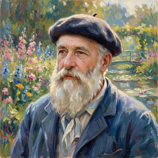 Hand-painted oil portrait of Claude Monet, the leader of the Impressionist movement.