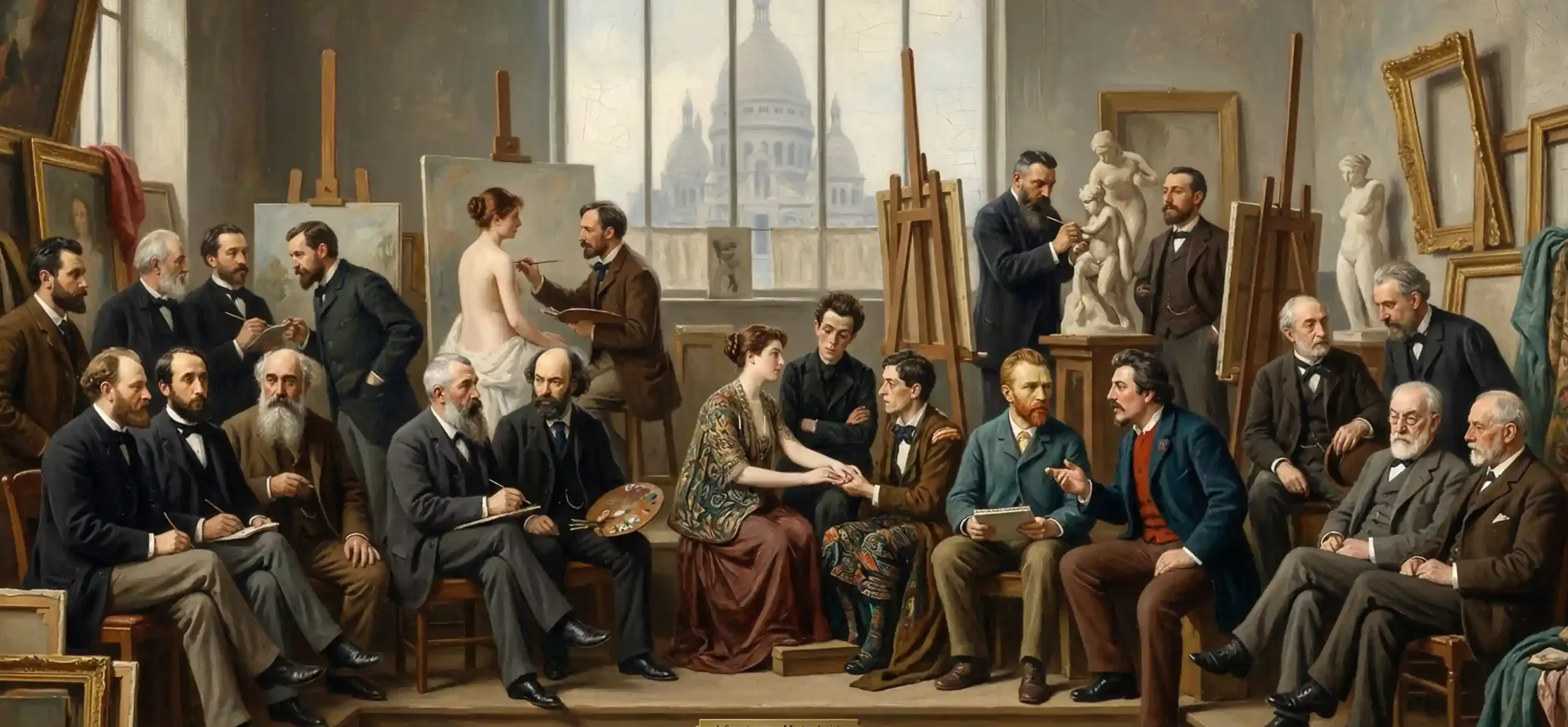 A grand gathering of famous master artists like Van Gogh, Monet, and Rembrandt in a classic 19th-century art studio, showcasing Dafenarts' hand-painted collection.
