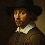 Antique-style oil painting portrait of Johannes Vermeer, the master of light and interior genre painting.
