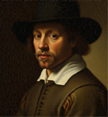 Antique-style oil painting portrait of Johannes Vermeer, the master of light and interior genre painting.