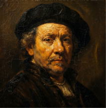 Antique-style oil painting portrait of Rembrandt van Rijn, the master of Chiaroscuro and light.