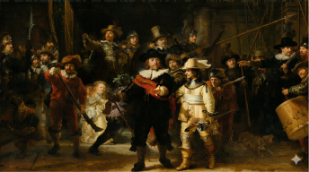 Hand-painted oil reproduction of Rembrandt's The Night Watch, featuring intense light and shadow on canvas.