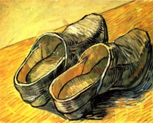 Hand-painted A Pair of Leather Clogs reproduction by Vincent Van Gogh – worn rustic clogs with textured brushstrokes
