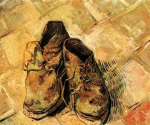 Hand-painted A Pair of Shoes reproduction by Vincent Van Gogh – worn leather boots with textured brushstrokes.