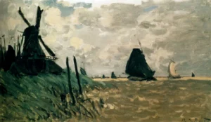 Hand-painted A Windmill near Zaandam reproduction by Claude Monet – orange sails and textured brushstrokes.
