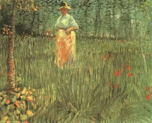 A woman walking in garden – Serene – Impasto hand-painted oil painting by DafenArts