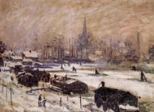 Hand-painted Amsterdam in the Snow reproduction by Claude Monet – hazy winter cityscape with textured brushstrokes.