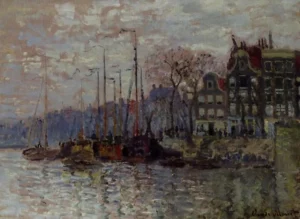 Hand-painted Amsterdam reproduction by Claude Monet – a scenic canal with textured brushstrokes – museum quality oil on linen