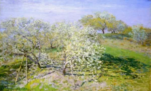 Hand-painted Apple Trees in Bloom reproduction by Claude Monet – white petals and textured brushstrokes on linen.