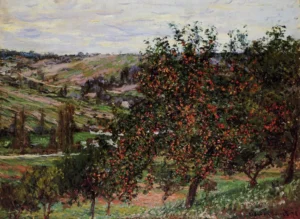 Hand-painted Apple Trees near Vetheuil reproduction by Claude Monet – red fruit and textured brushstrokes.