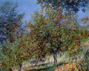 Hand-painted Apple Trees on the Chantemesle Hill by Monet – vibrant textured brushstrokes of blossoming fruit trees.