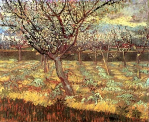 Hand-painted Apricot Trees in Blossom reproduction by Vincent Van Gogh – textured brushstrokes of white blooms in an orchard.
