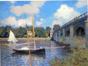 Hand-painted Argenteuil Bridge reproduction by Claude Monet – blue water with textured brushstrokes – museum quality oil on linen