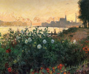 Hand-painted Argenteuil, Flowers by the Riverbank reproduction by Monet – red blossoms and textured brushstrokes