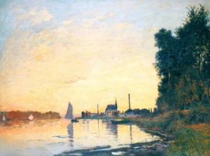 Hand-painted Argenteuil, Late Afternoon reproduction by Claude Monet – golden sky and textured brushstrokes