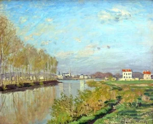 Hand-painted Argenteuil, The Seine reproduction by Claude Monet – river boats with textured brushstrokes.