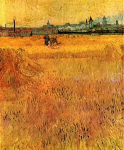 Hand-painted Arles View from the Wheat Fields reproduction by Vincent Van Gogh – golden wheat and textured brushstrokes
