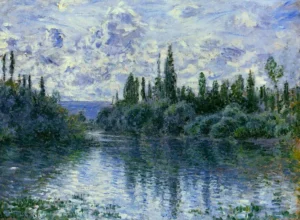 Hand-painted Arm of the Seine near Vetheuil reproduction by Claude Monet – lush trees with textured brushstrokes.