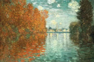 Hand-painted Autumn Effect at Argenteuil reproduction by Claude Monet – orange leaves and textured brushstrokes.