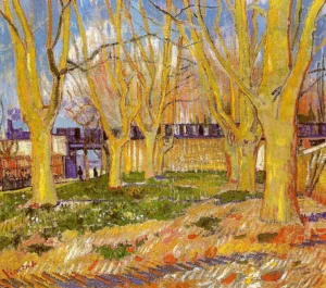 Hand-painted Avenue of Plane Trees reproduction by Van Gogh – yellow sunlight and textured brushstrokes on a forest path.