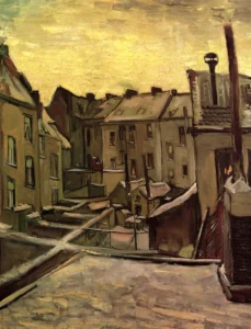 Backyards of Old Houses in Antwerp in the Snow – Serene – Hand-Painted Oil