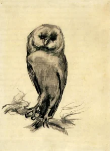 Hand-painted Barn Owl Viewed from the Front reproduction by Vincent Van Gogh – soft white feathers and textured brushstrokes.