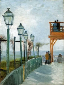 Hand-painted Belvedere Overlooking Montmartre reproduction by Vincent Van Gogh – rooftops in textured brushstrokes.