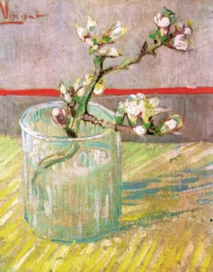 Hand-painted Blossoming Almond Branch in a Glass reproduction by Van Gogh – delicate white petals and textured brushstrokes.