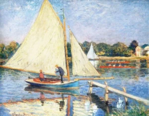 Hand-painted Boaters at Argenteuil reproduction by Claude Monet – vibrant sails with textured brushstrokes on linen