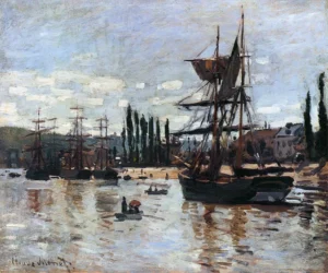 Hand-painted Boats at Rouen reproduction by Claude Monet – masted ships with textured brushstrokes – museum quality oil on linen