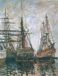 Hand-painted Boats on Rapair reproduction by Claude Monet – vivid masts and textured brushstrokes – museum quality oil on linen