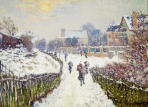 Hand-painted Boulevard Saint-Denis in Winter by Claude Monet – snowy street with textured brushstrokes.