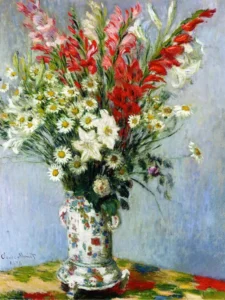 Hand-painted Bouquet of Gladiolas reproduction by Claude Monet – red blooms and textured brushstrokes – oil on linen