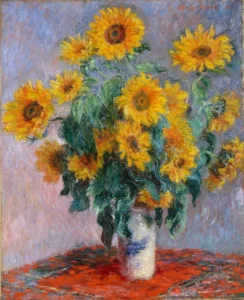 Hand-painted Bouquet of Sunflowers reproduction by Claude Monet – vibrant yellow petals with textured brushstrokes.