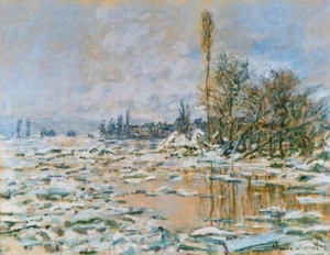Hand-painted Breakup of Ice at Lavacourt reproduction by Claude Monet – icy floes and textured brushstrokes.