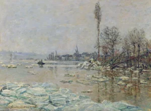 Hand-painted Breakup of Ice reproduction by Claude Monet – floating ice blocks with textured brushstrokes.