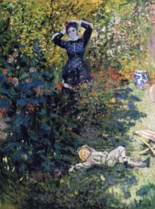 Hand-painted Camille and Jean Monet in the Garden reproduction by Claude Monet – textured brushstrokes of garden flowers.