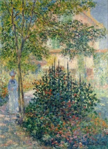 Hand-painted Camille Monet in the Garden reproduction by Claude Monet – red flowers and textured brushstrokes.