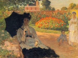 Hand-painted Camille Monet in the Garden reproduction by Claude Monet – vibrant hollyhocks and textured brushstrokes.
