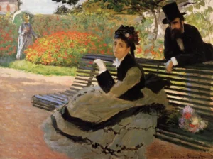 Hand-painted Camille Monet on a Garden Bench reproduction by Claude Monet – lush garden foliage and textured brushstrokes.