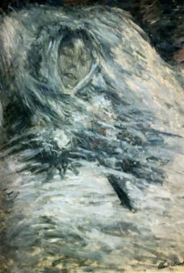 Hand-painted Camille Monet On Her Deathbed reproduction by Claude Monet – violet hues and textured brushstrokes.