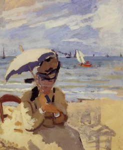 Camille Sitting on the Beach at Trouville – Serene – Textured Canvas